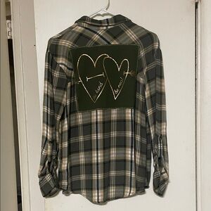 No Boundaries Green Plaid Shirt with Heart Design